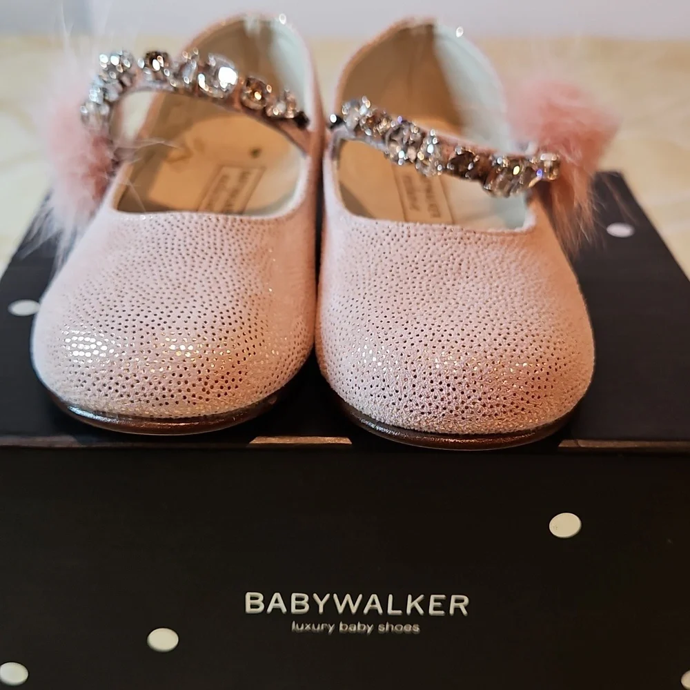 Babywalker Dusty Pink Leather Fur Jewel Baby Shoes NWT & box Greece 21 US 18-24m